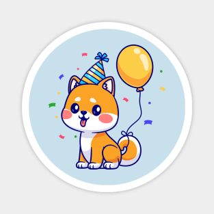 Cute Shiba Inu Dog Birthday Party With Balloon Cartoon Magnet